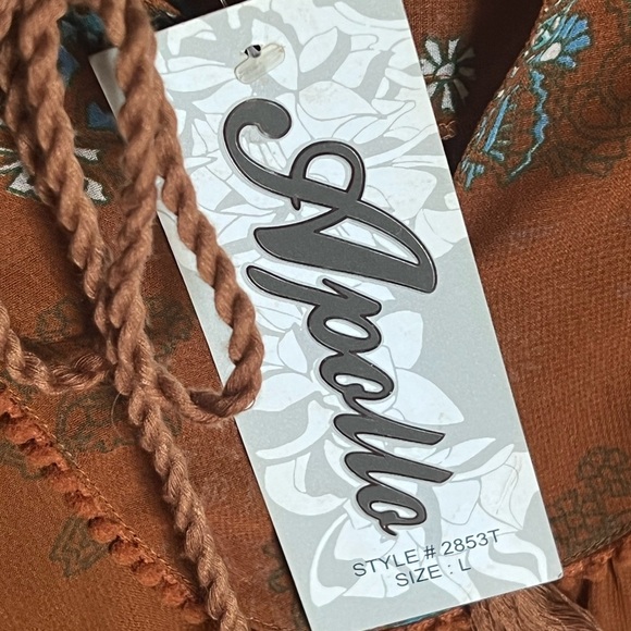 NWT Apollo Brown Paisley Sheer Ruffle Bohemian Women's Top or Swimsuit Coverup L - Picture 7 of 7